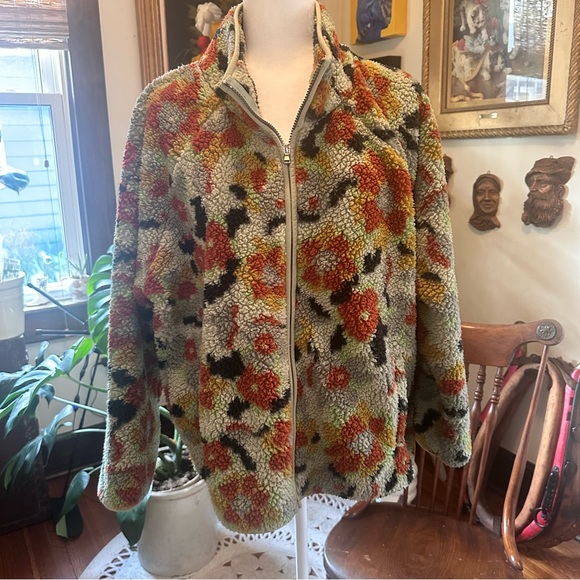 Green Floral Full Zip Sherpa Fleece-Lined Jacket - Size XL - Picture 3 of 6